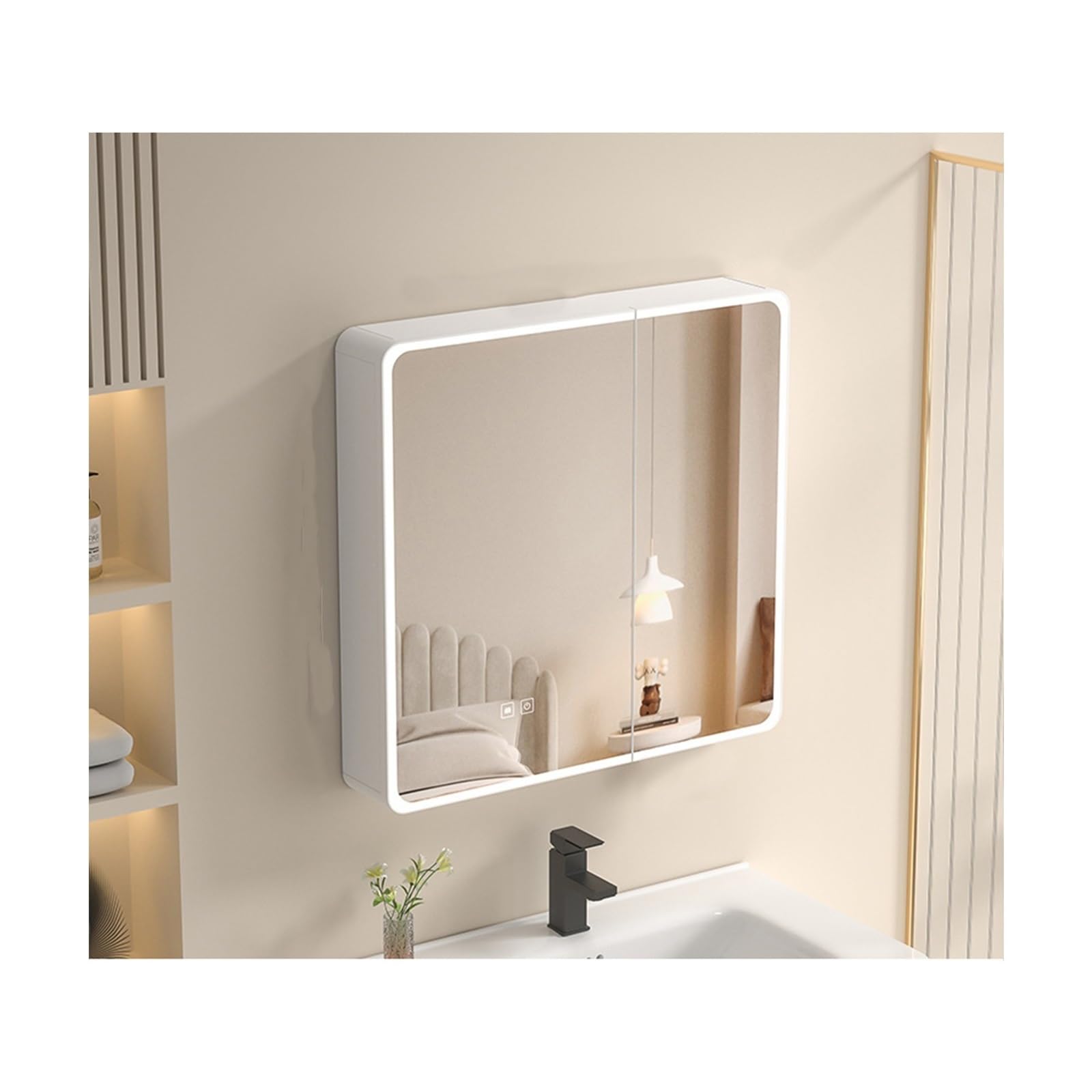 BKSXSOP 70cm Wall Mounted LED Bathroom Mirror Cabinet - Stylish Vanity Storage with Adjustable Shelf & Mirrored Door Modern White Design for nized Spaces