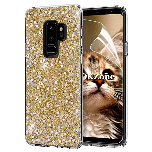OKZone Caja de la Galaxia S9 Además, la Cubierta de Piel del Brillo de Bling de la Chispa Diseño Slim Fit Gel TPU de Silicona Samsung Galaxy S9 Plus Gold
