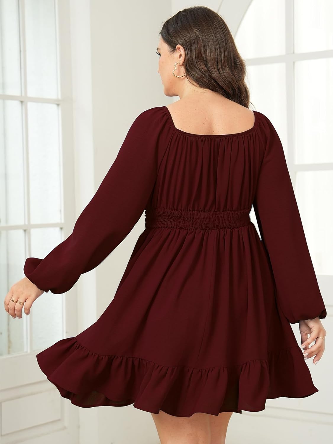 Womens Plus Size Dress Long Lantern Sleeve Square Neck Elastic Waist A-Line Mini Short Dress - Image 4