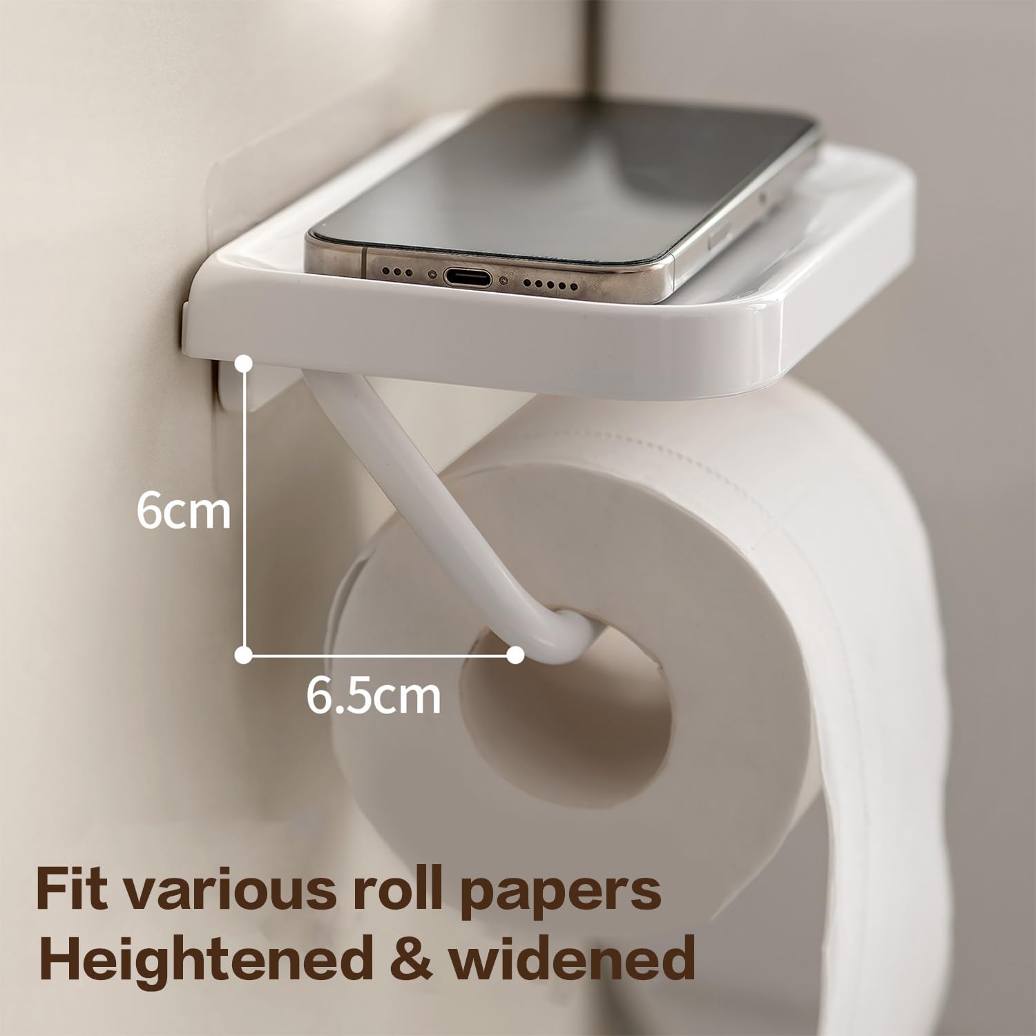 Self Adhesive Toilet Paper Holder with Shelf, No Drill Wall Mounted Bathroom Tissue Holder, Sticky TP Roll Holder with Phone Shelf for RV, White — Amazon image 5