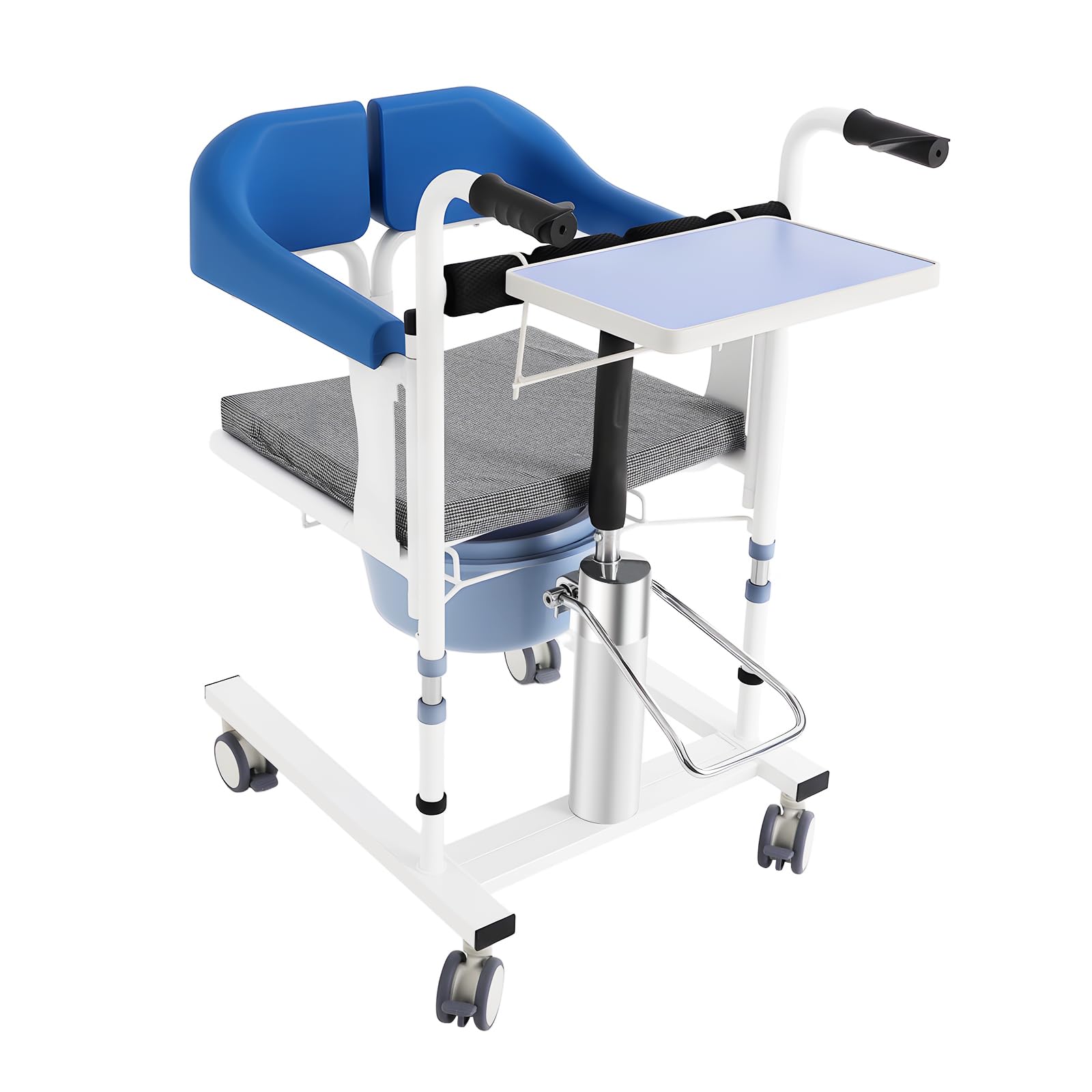 Silla de ruedas hidráulica para pacientes, elevador de pacientes, silla de inodoro ajustable en altura con cómodo reposapiés, cubo de ABS y respaldo plegable de 180° para personas mayores, embarazadas