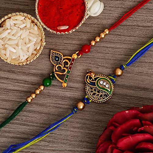 Image of eCraftIndia Multicolor Set of 2 Om Symbol and Peacock Designer Religious Rakhis with Roli Chawal Pack