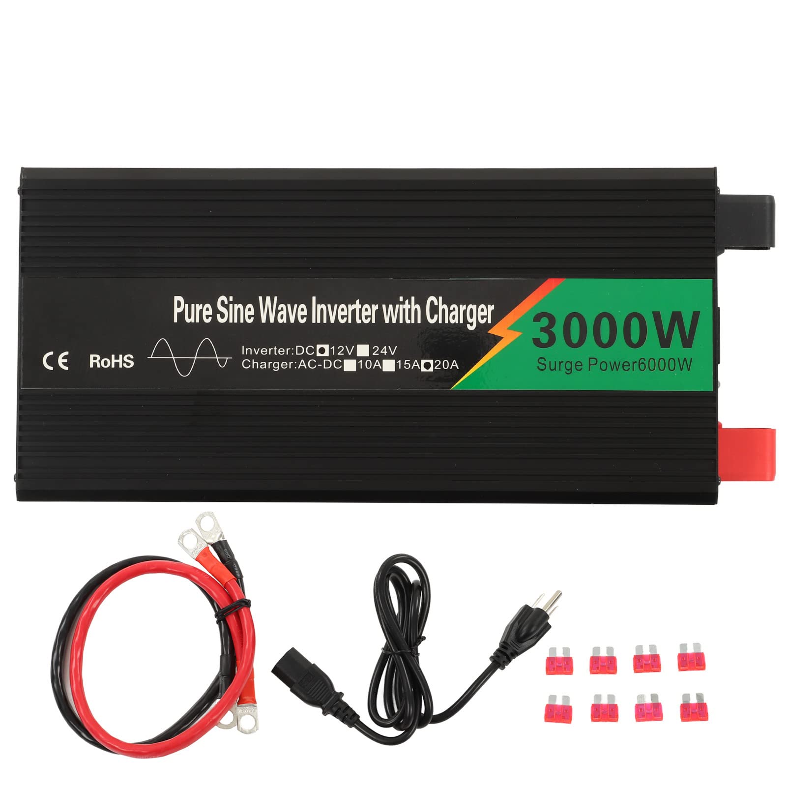 Hyuduo Przetwornica Napięcia Czystej Fali Sinusoidalnej, Aluminiowy Przetwornica Napięcia DC 12 V na AC 3000 W z Zasilaczem UPS, Szczytowa Moc 6000 W, 2 Gniazda USB 15 A, ładowanie dla Samochodu
