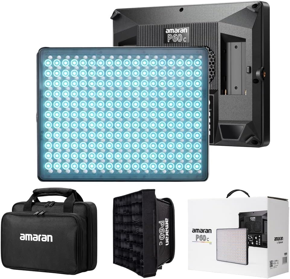 Aputure amaran P60c LED Panel Video Light RGBWW 60w CRI 95+ TLCI 96+,CCT 2500K~7500K App Control,10 Lighting FX with Softbox Carrying Case Studio Light Photography Lighting