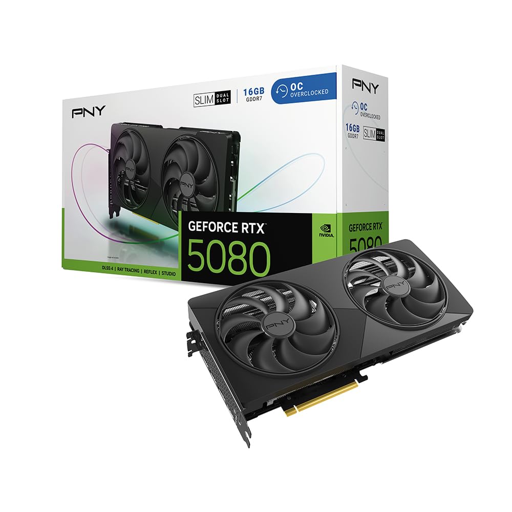 PNY NVIDIA GeForce RTX™ 5080 Slim Dual-Fan, Dual-Slot OC Graphics Card (16GB GDDR7, SFF-Ready, 256-bit, Boost Speed: 2730 MHz, PCIe® 5.0, HDMI®/DP 2.1, NVIDIA Blackwell Architecture, DLSS 4.5)