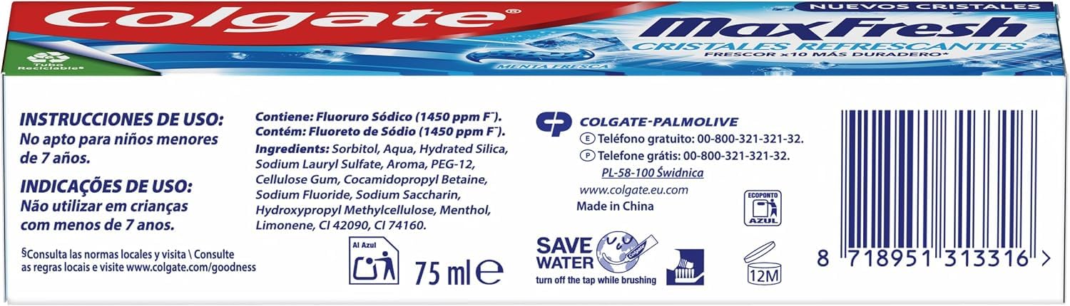 Colgate Max Fresh dentifricio con cristalli rinfrescanti 12 x 75 ml | dentifricio fresco durevole | sapore di menta fresca | protezione contro la carie