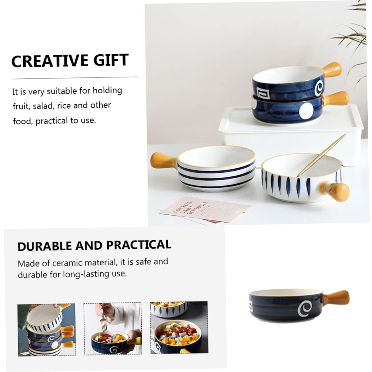 Mipcase Cuenco de Cerámica Azul Multiusos con Asa para Hornear y Servir Ensaladas en Cocina y Hogar, Tazón Redondo Resistente y Decorativo