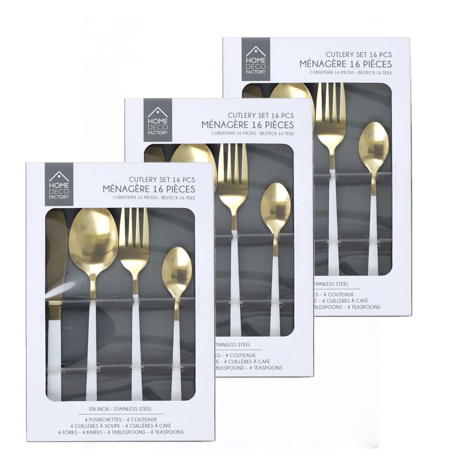 Juego de 3 cubertería de mesa chic – 48 cubiertos, color blanco y dorado