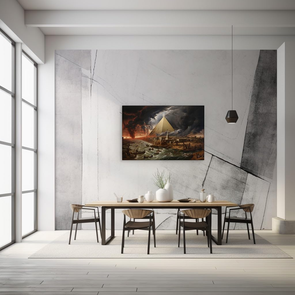 Canvas for Living room. Pyramids in Peril: A Fiery Escape from an Ancient City's Cataclysm, 27 x 18 inch Canvas Wall Art - Modern Home Decor