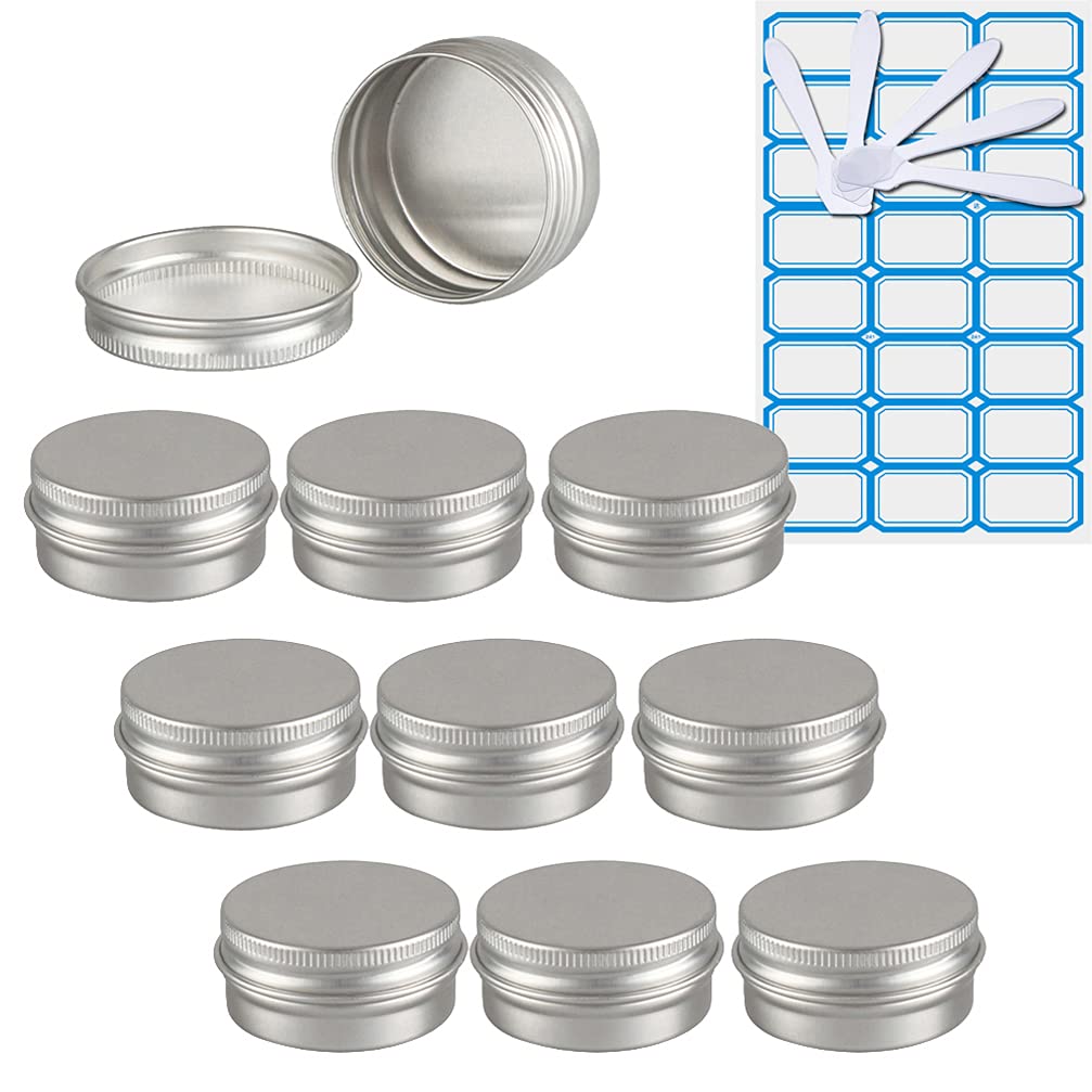 Zeoabsy Silver Pack Of 10, Empty 15Ml Aluminium Tins With Screw Lids Round Cosmetics Containers Pots Storage Jars For Lip Balm Diy Candle Salve Powder Crafts With 5 Spatula, 1 Labels