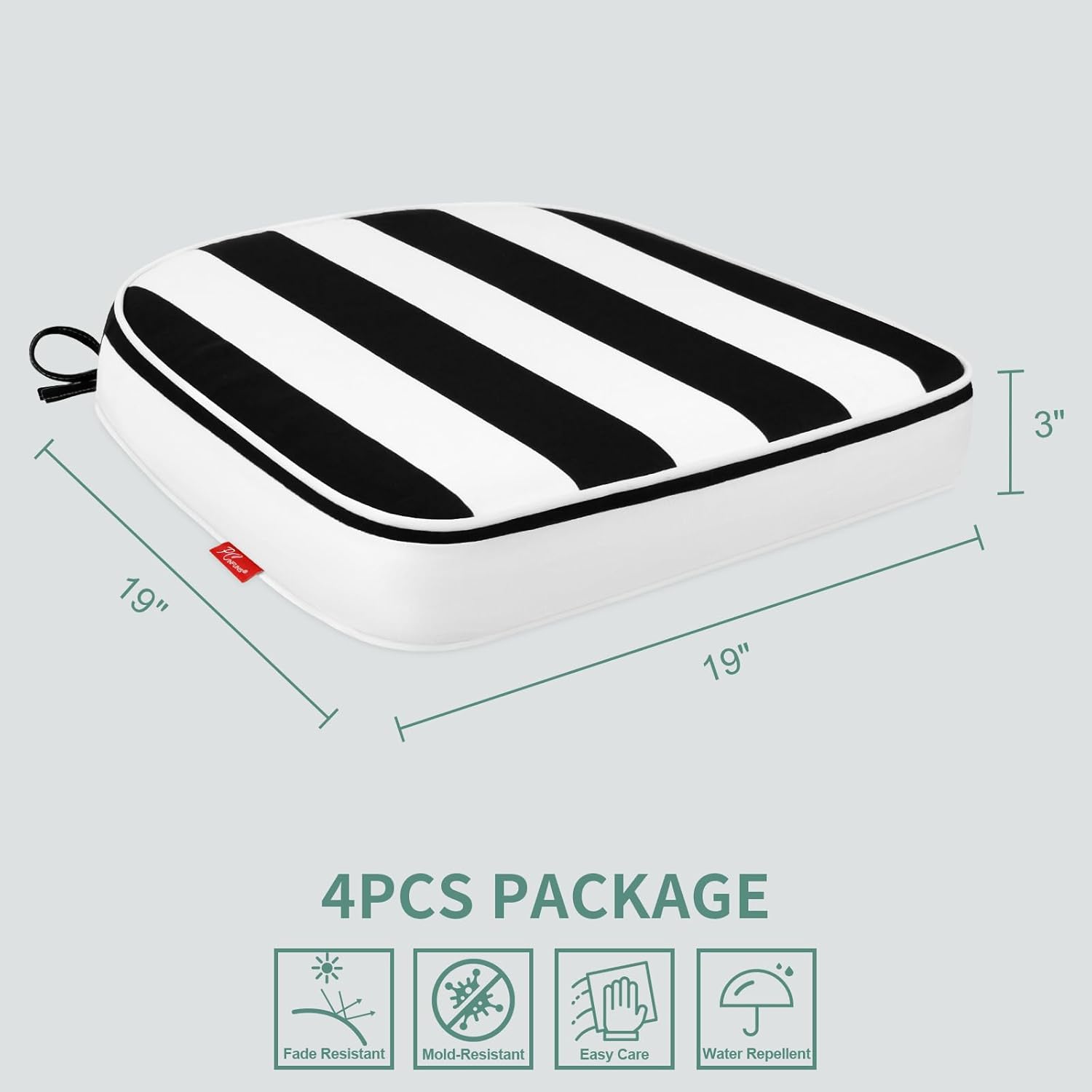 Pcinfuns Outdoor Chair Cushions Set of 4, 19"x19" Water-Resistant Patio Cushions with Ties, High Density Foam U-Shape Seat Cushions for Patio Garden Chairs,Black White Stripe