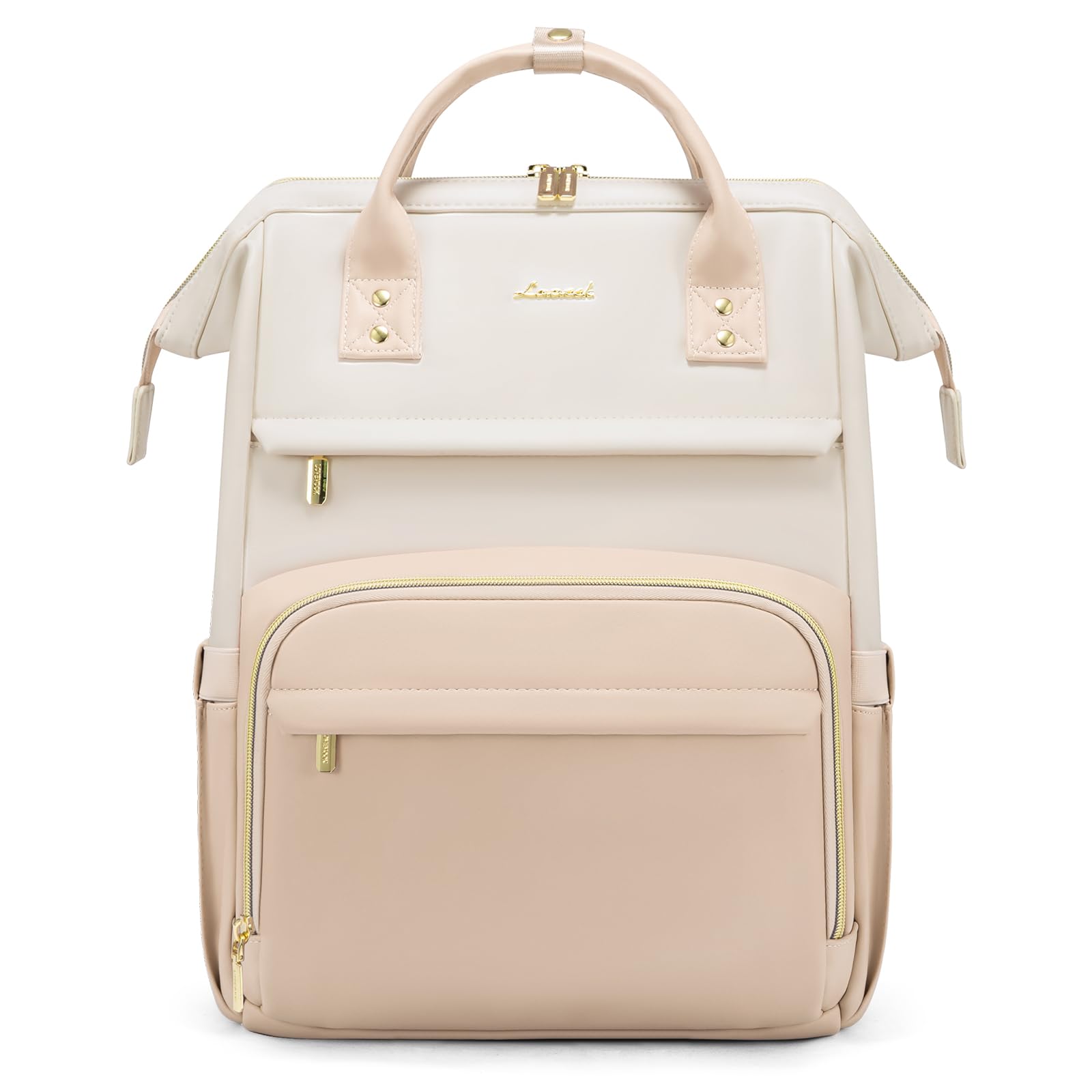 LOVEVOOK Leather Backpack for Women, 15.6 inch Laptop Backpack, Professional Work & Travel Bag, Beige-Flesh Beige