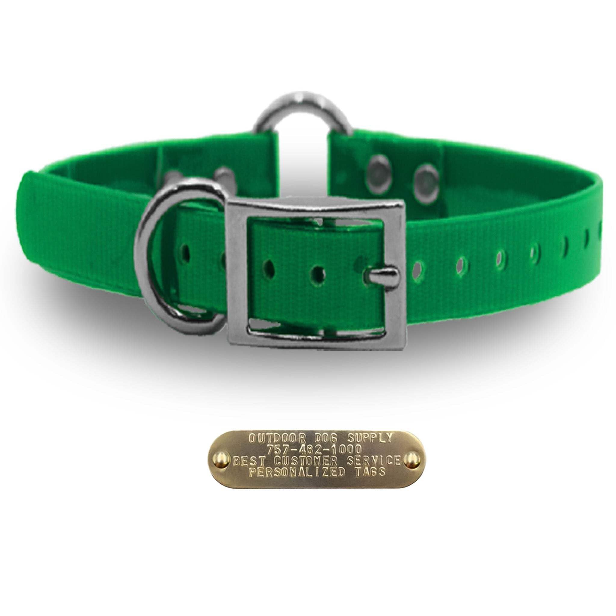 Outdoor Dog Supply 1" Heavy Duty Waterproof D-Ring & Center O-Ring Dog Collar for Medium & Large Dogs | Custom 3/4" Brass Nameplate (Dark Green, 18")