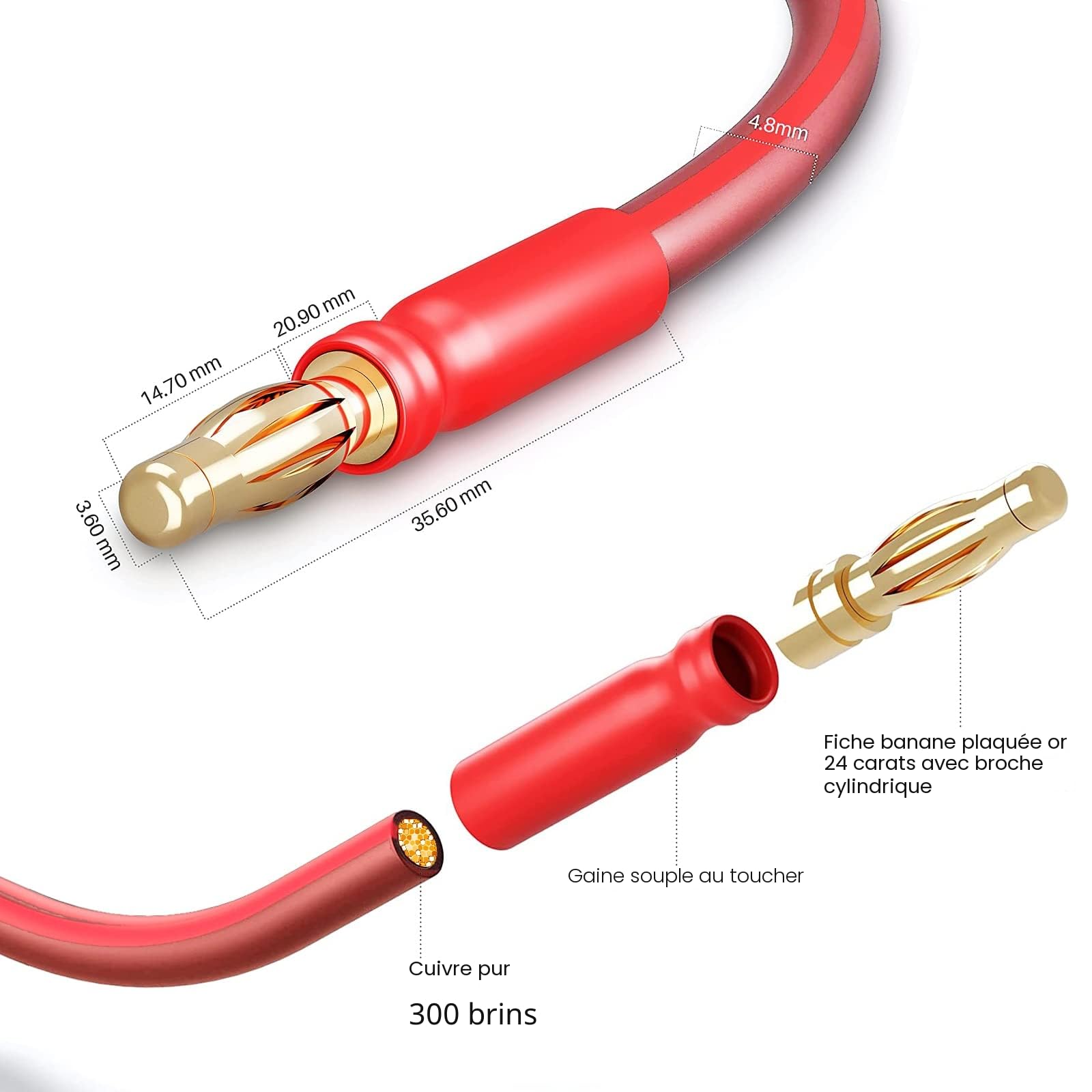 LONPOO Câble d'enceinte HiFi en Cuivre Pur avec Connecteurs Banane Plaqués or, 14 AWG, 2 m LP42 Passive Haut-parleur (paire)