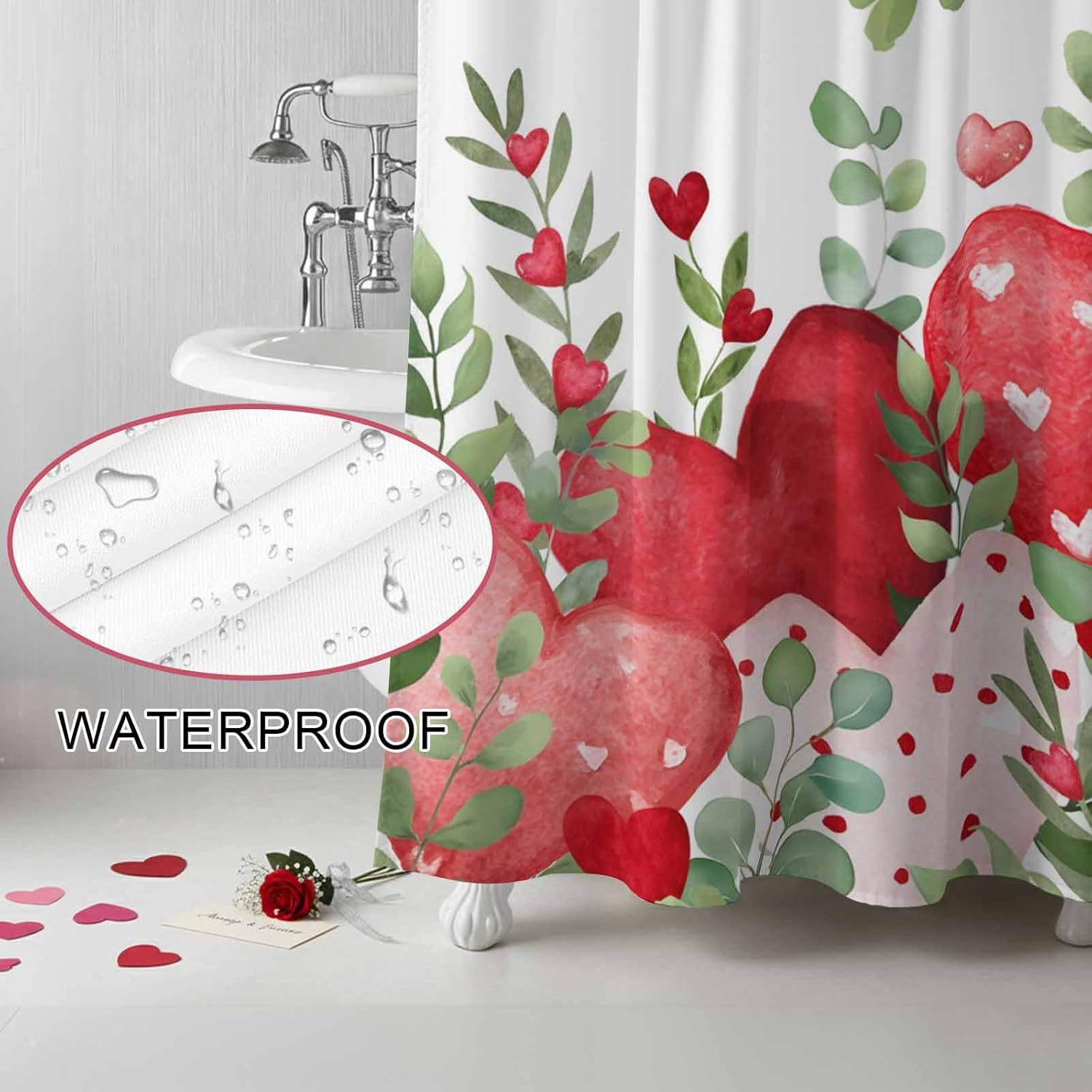 Valentine's Day Shower Curtain Red Love Heart Bathroom Curtains with Hooks, Waterproof Polyester Fabric Rose Eucalyptus Leaves Shower Curtains Set for Bathroom Bathtubs Valentines Decor 72x78 Inch