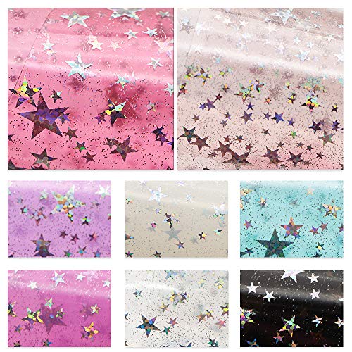 Glitter Synthetic Leather Fabric Laser Star Printed Translucent Sheets 8 Pcs 7.7" X 12.9" (20Cm X 33Cm) Diy Craft Assorted Colours For Hair Bows (Translucent Leather) #TOP2