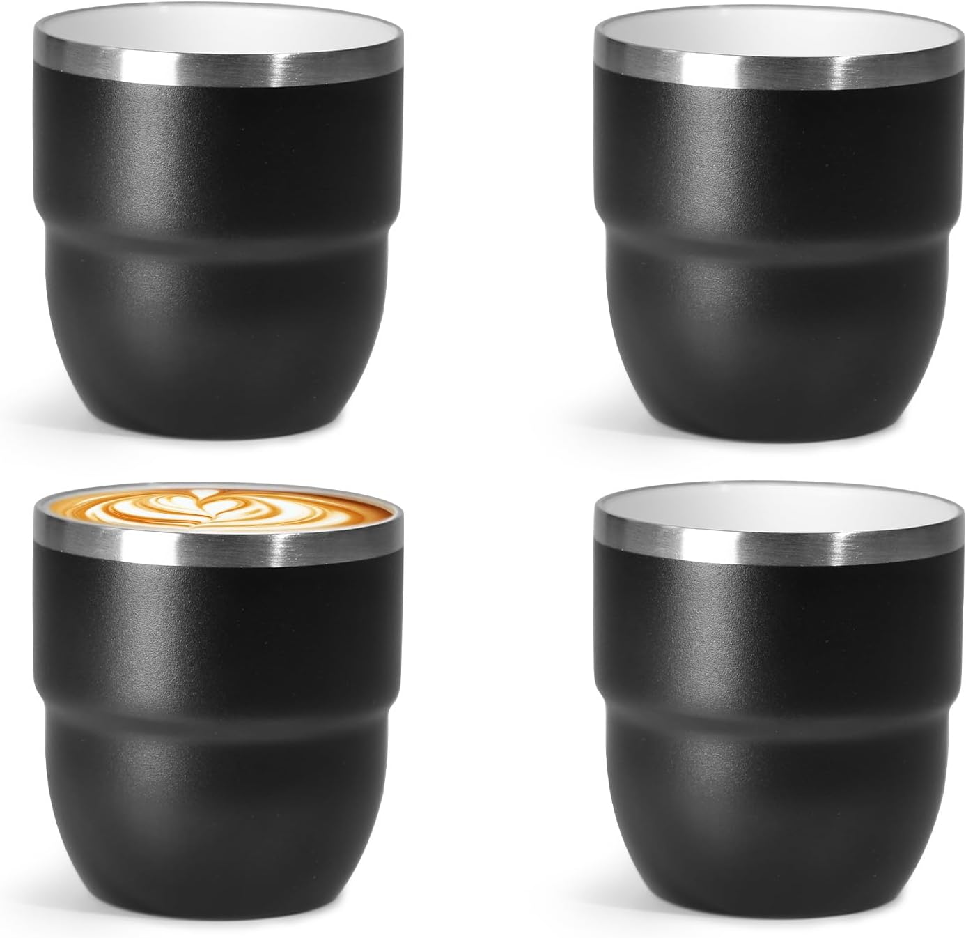 CHLJAR 4 oz Espresso Cup, Ceramic-Lined 18/8 Stainless Steel Coffee Cup for Espresso Machine, Reusable & Stackable Double-Wall Vacuum Insulated Tea Cups, Dishwasher Safe, 4 Pack-Black