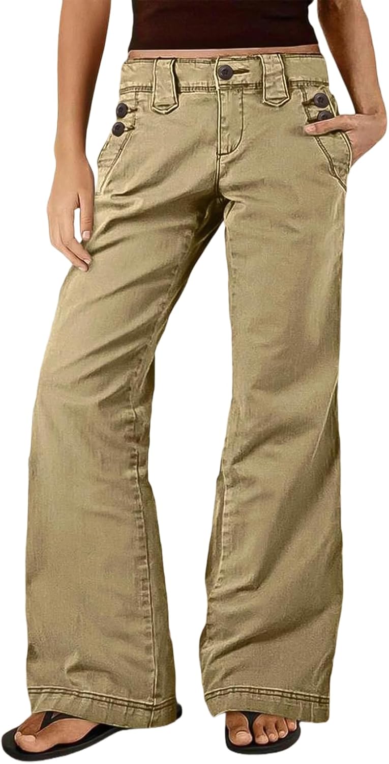 Flamingals Straight Leg Mid Waist Solid Buttoned Pocket Casual Pants for Women