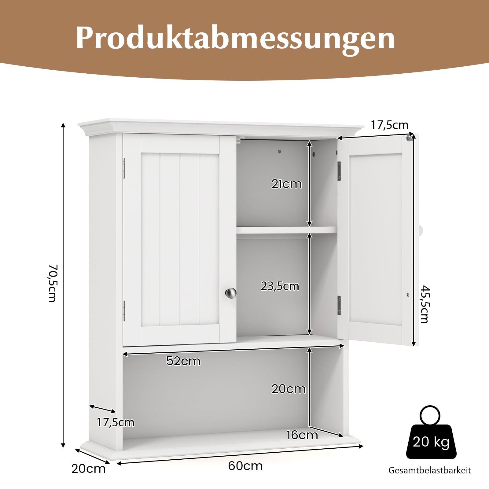 GOPLUS Hängeschrank Bad, Badschrank Holz mit verstellbarem Regal, Wandschrank hängend, Badezimmerschrank Küchenschrank, 60×19×71cm (Weiß)
