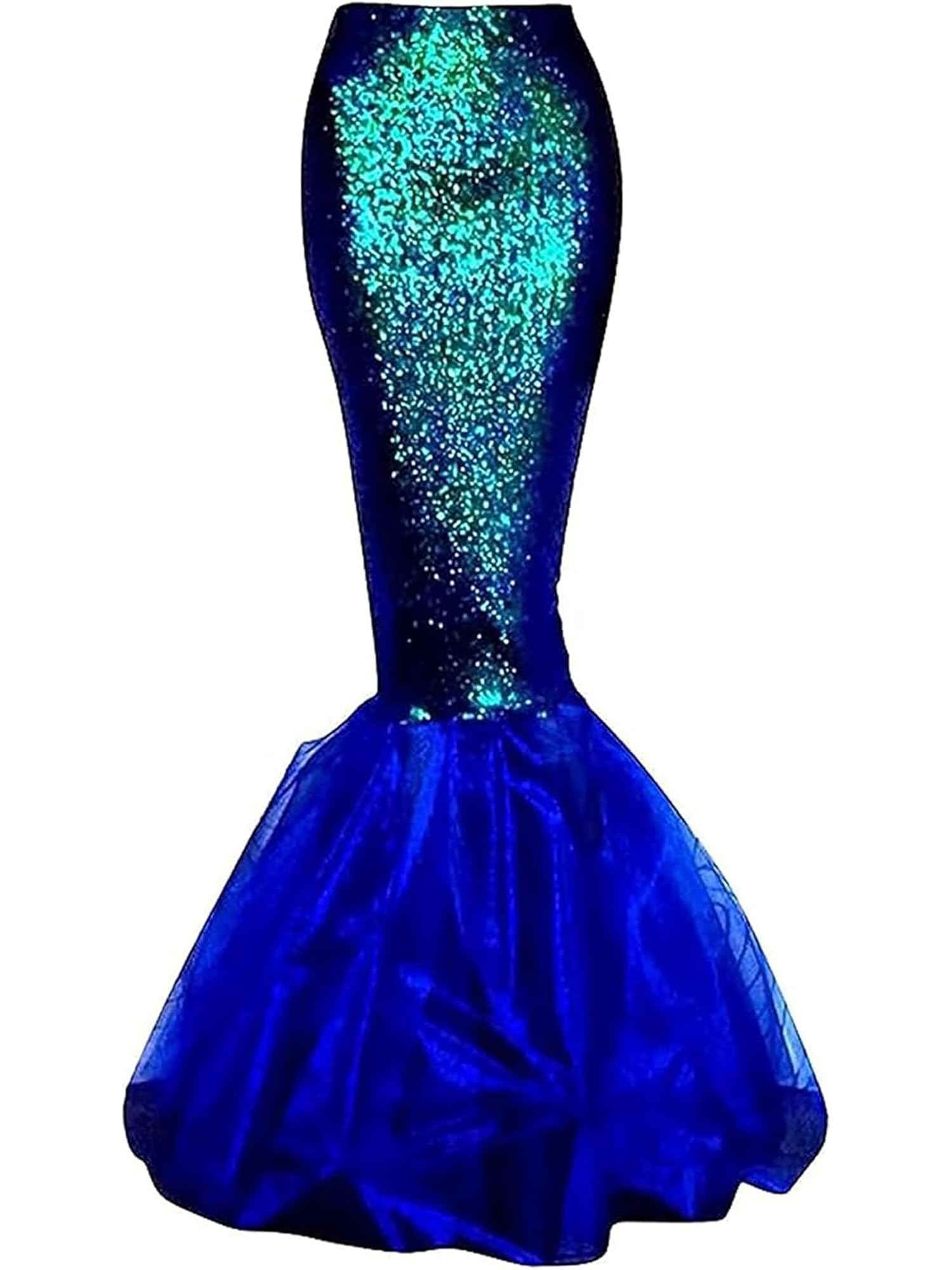 Svuitmsl Women Mermaid Skirt Fancy Metallic Sequins Long Fishtail Skirt with Asymmetric Mesh Panel Halloween Party Cosplay Costume (B-Blue, S)