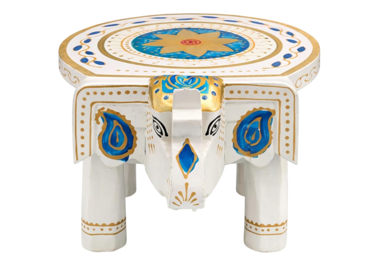 White Handcrafted Wooden Elephant Stool | Hand Painted Traditional Chowki for Home Decor, Puja Mandir, Flower Stand & Gifting | 6 Inch