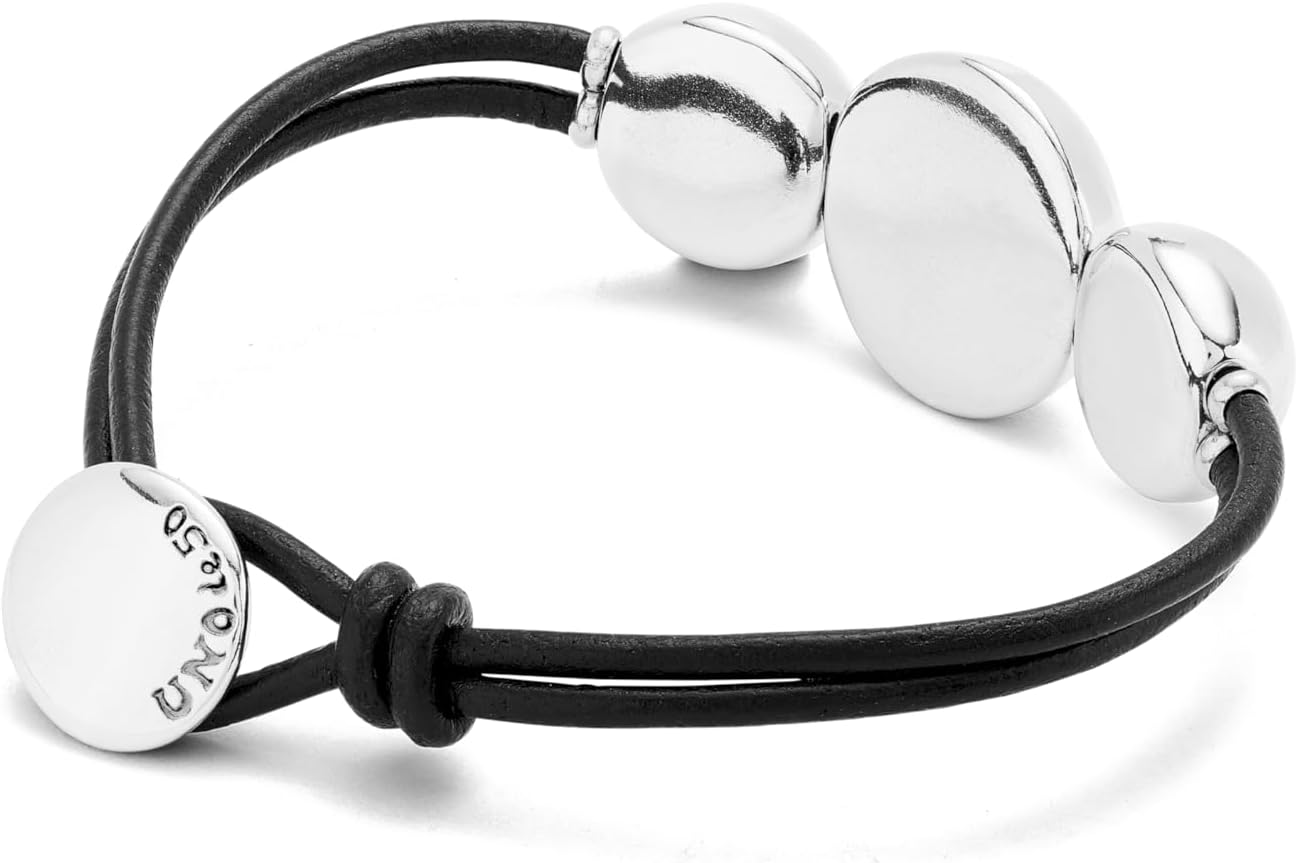 Uno de 50 Sterling Silver-Plated Beaded Leather Bracelet, Three Bubble Design, Black, Ser Intrepida Collection
