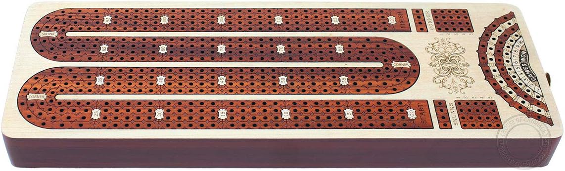 House of Cribbage - 4 Track Continuous Cribbage Board Inlaid in Bloodwood - Size: 13.5 Inches - Storage Drawer for Cribbage Pegs and Score Marking Fields for Skunks, Corners and Won Games