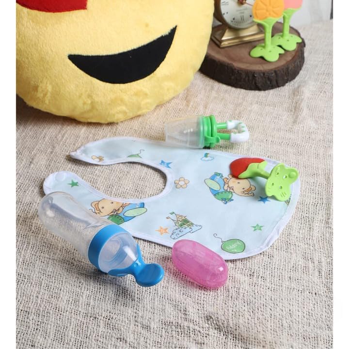 Image of BabyBee Fruit Feeder 1 Pacifier 1 Silicone Baby Food Dispensing Spoon 90ML 1 and 1 Fruit Teether 1 Finger Brush and 1 Baby bib (Pink)