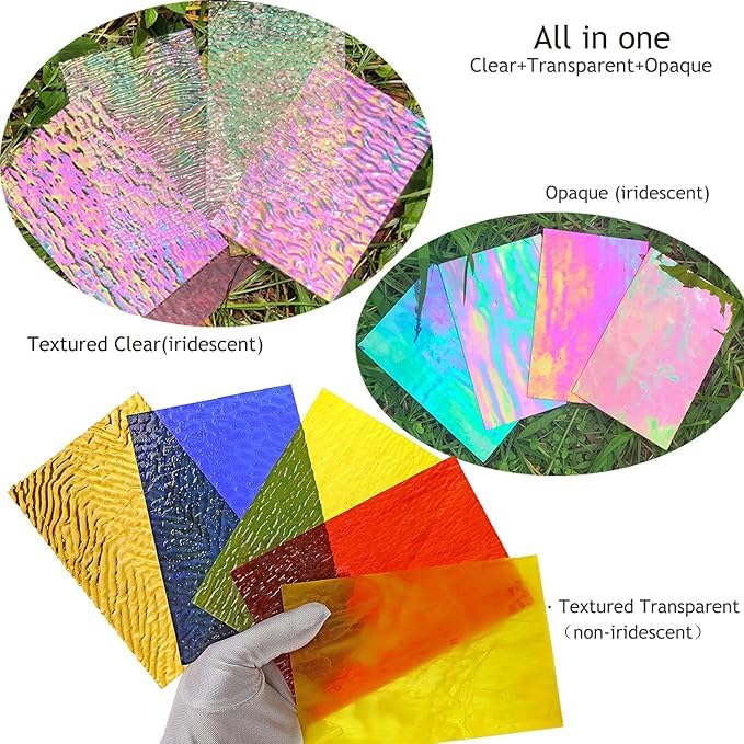 12 fogli di vetro colorato iridescente, 10x15 cm Piastrelle di vetro ruvide e lisce per progetti fai da te, vivaci tessere di mosaico miste trasparenti e opache per lavori artigianali
