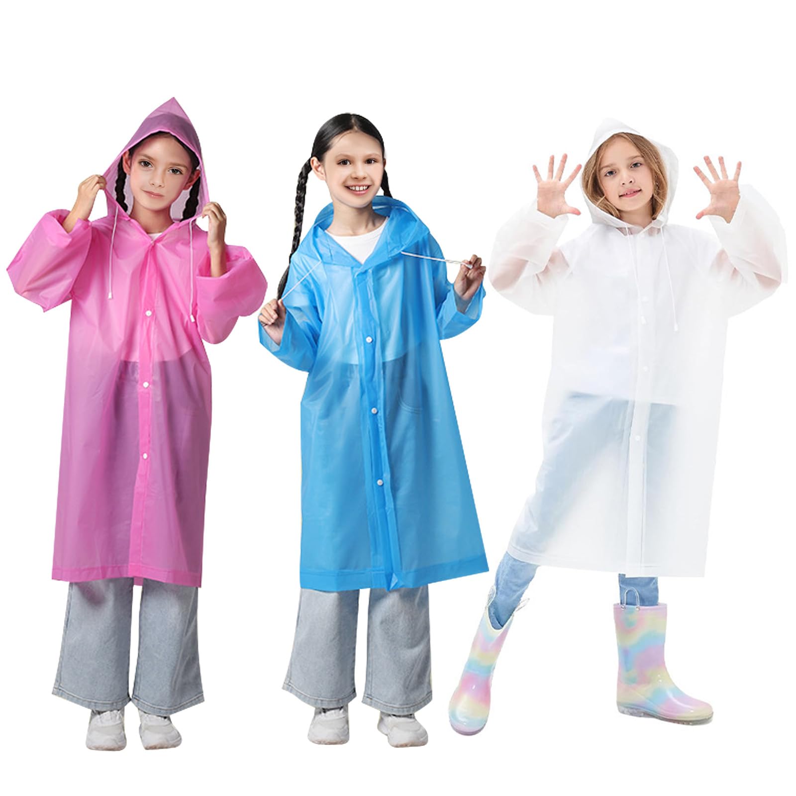 ZOCONE 3 Piezas Chubasquero Niño Reutilizable Poncho Impermeable Niño con Capucha y Botón, EVA Poncho Lluvia Capa de Chuva Criança Chubasquero Impermeable para Viajes, Senderismo, Camping