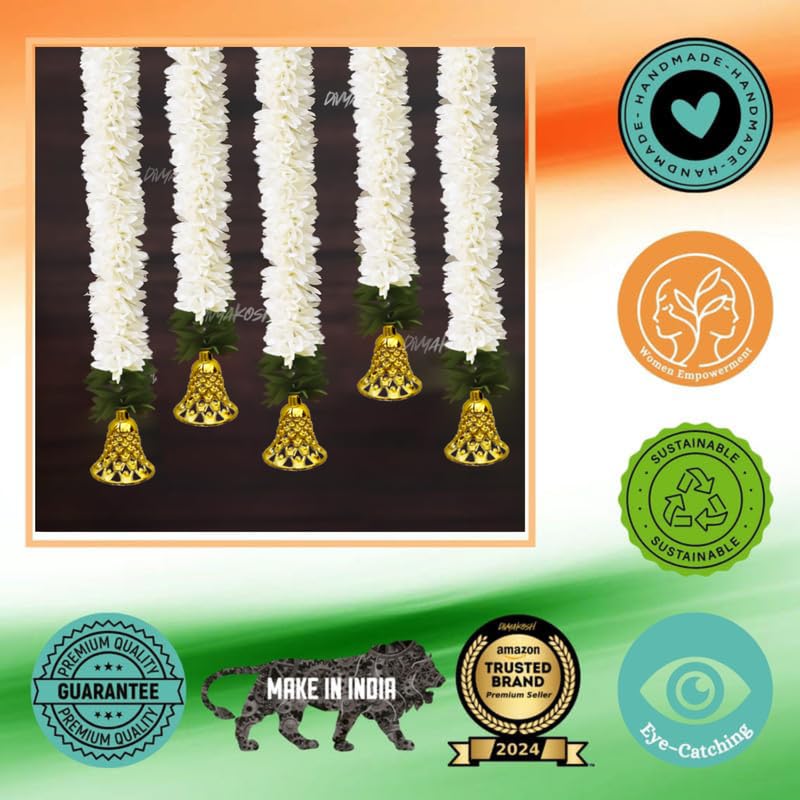 Image of Divyakosh Garlands for Home Decoration, Gajra Hangings (Pack of 6 Latkan, Size 14 Inch Each) | Offwhite Fabric Jasmine Flower with Golden Bell | Flower Garlands for Home Decoration |