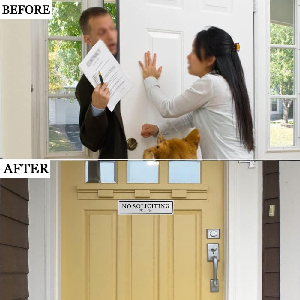 Kichwit No Soliciting Sign with Magnets on The Back, 8.7 x 2.3 Inches, Keeps Unwanted Visitors Away, Double Sided Adhesive Included (Silver)