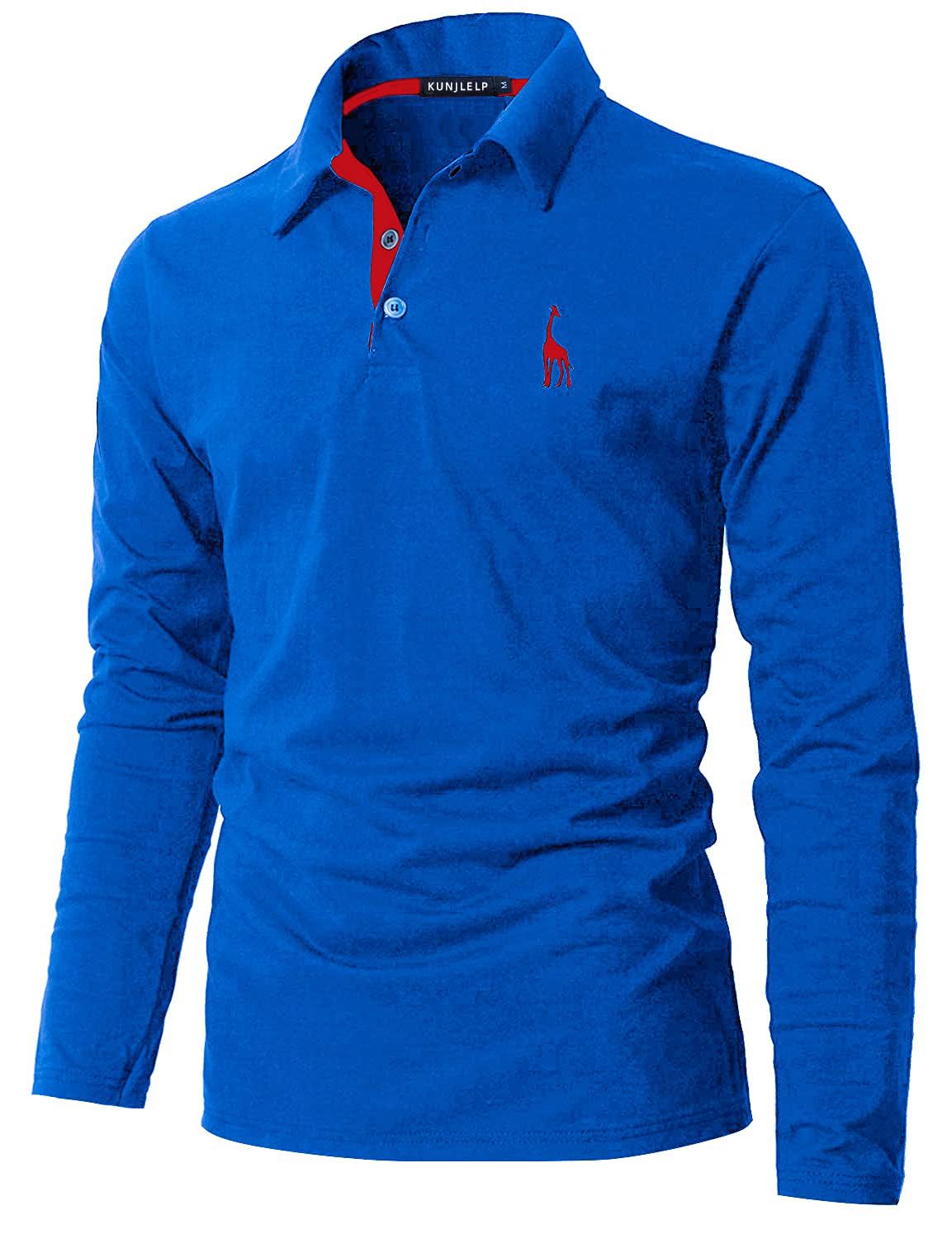 KUNJLELP 100% Cotone Polo da Uomo Manica Lunga Ricamo di Giraffa Maglietta Uniformi Polo da Lavoro per l'autunno e l'inverno