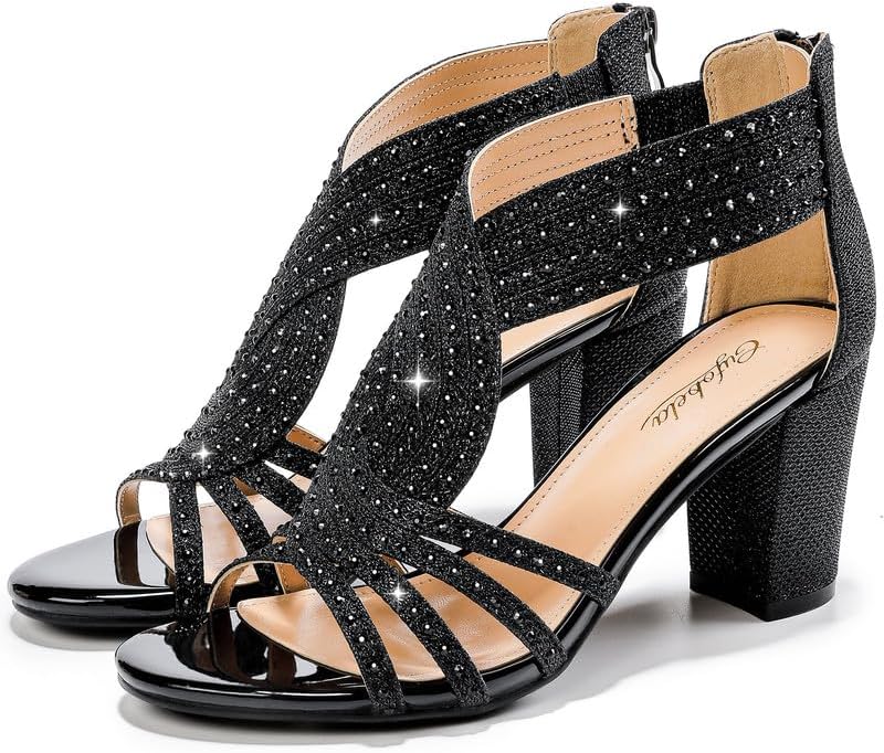 Women's Rhinestone Sparkly Chunky Block Heel Sandals Open Toe Dressy Shoes with Zipper Closure for Wedding Prom Homecoming Hoco Formal Events - Image 7