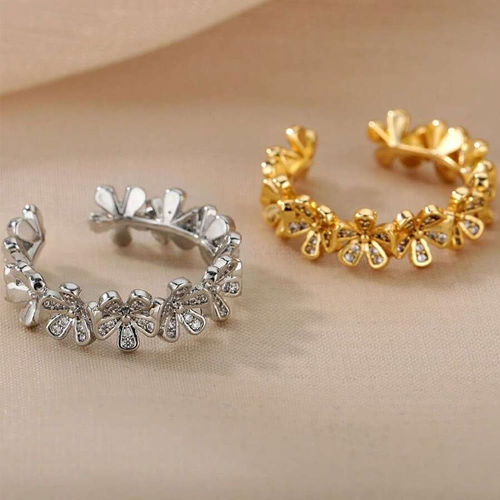 Cubic Zirconia Rings For Women, Gold Silver Flower Adjustable Trendy Stainless Steel Open Non Tarnish Birthday Stackable Jewelry Engagement Gift - Image 2