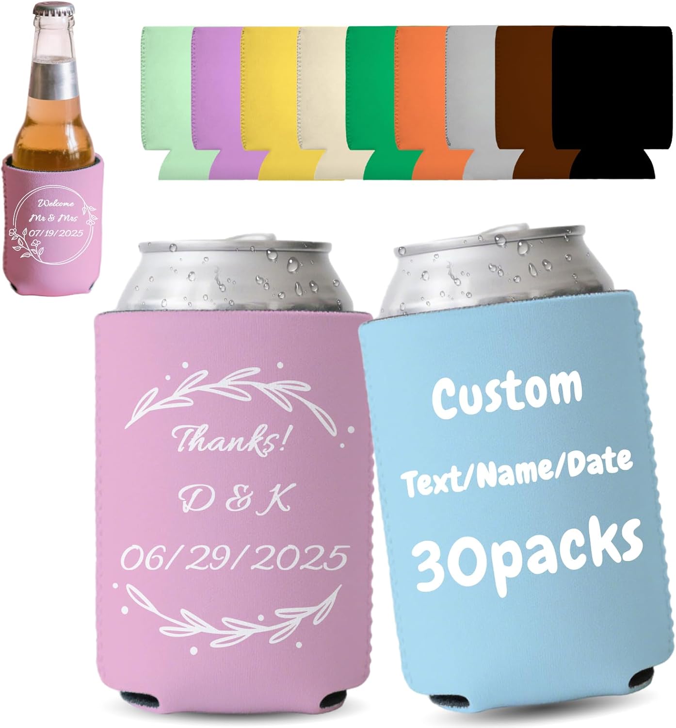 HJX 30Pack Personalized Can Coolers for Wedding Favors Custom Can Cooler Sleeves, Customized Bulk Coolers for Weddings Guests