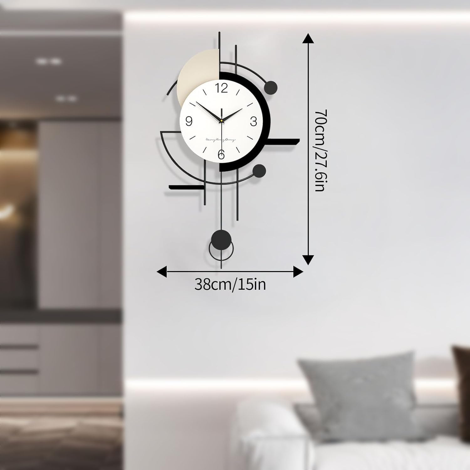 Große Moderne Wanduhr, Lautlos Dekorative Wall Clock Ohne Tickgeräusche mit Pendel, Minimalistisches Wanduhren mit Pendel, Metallrahmen, für Wohnzimmer Flur Schlafzimmer Büro Küche, 70 * 38cm
