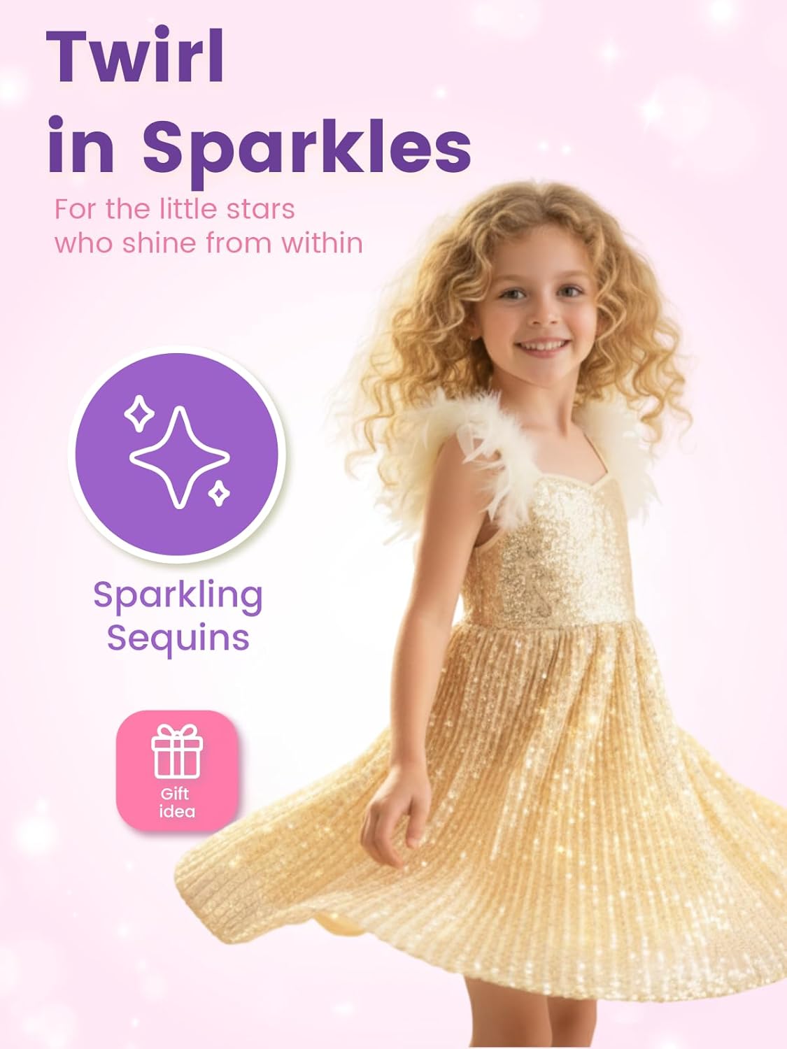 WELAKEN Girls Sparkly Sequin Dress Feather Strap Pleated Twirl Party Formal Dress - Image 5