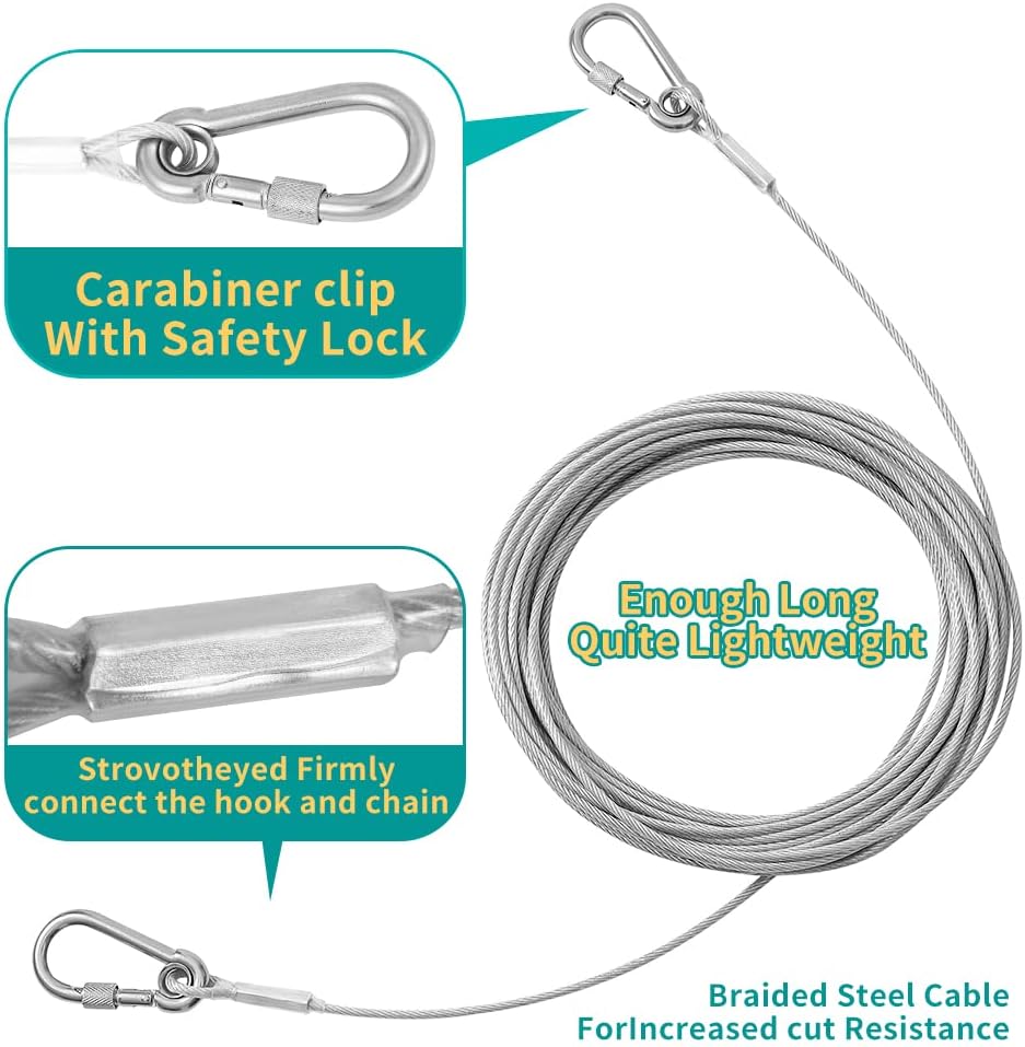 Dog Tie Out Cable, 10/15/20/30/40/50FT Cable with Swivel Hook and Shock Spring, Heavy Duty Leads for Yard, Outdoor and Camping, Dog Lead Runner (Silver, 100ft 120Ibs)