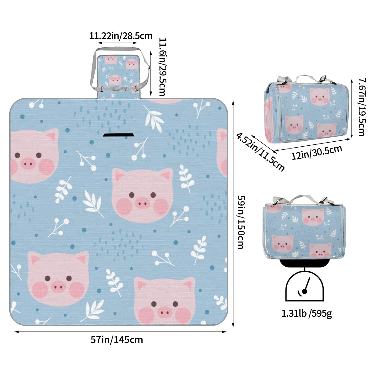 Shimoshe Picnic Blankets 57”x 59”, Polka Dot Pig Waterproof Sandproof Picnic Mat Lightweight Foldable Beach Blanket for Camping Park Grass Beach Outdoor Blanket