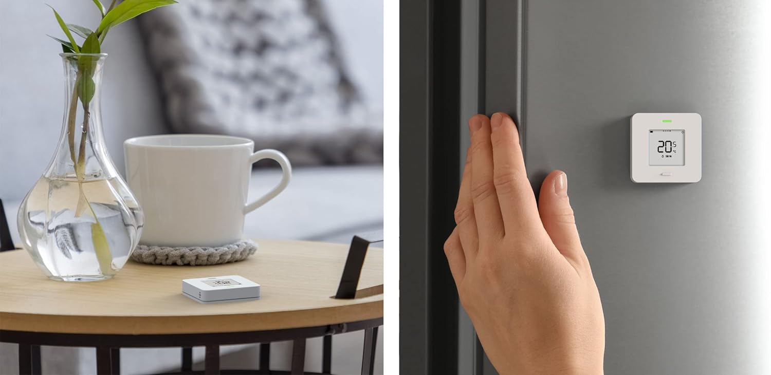 myStrom WiFi Button Max on a wooden table and mounted on a refrigerator displaying temperature