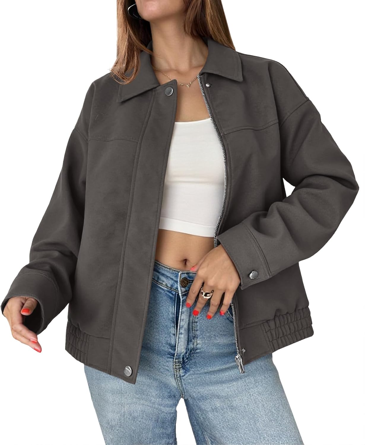 Tankaneo Women's Faux Suede Motorcycle Jackets Oversized Zip Up Bomber Coats Fall Fashion Winter Outerwear