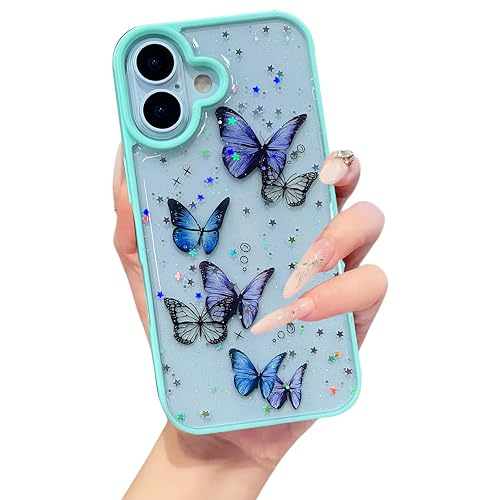 VONZEE Glitter Butterfly Back Cover Case Compatible with iPhone 17, Clear Cute Bling Sparkle Shiny Soft TPU Bumper Shockproof Women Girls Slim Protective Phone Cover for iPhone 17 6.3",Mint