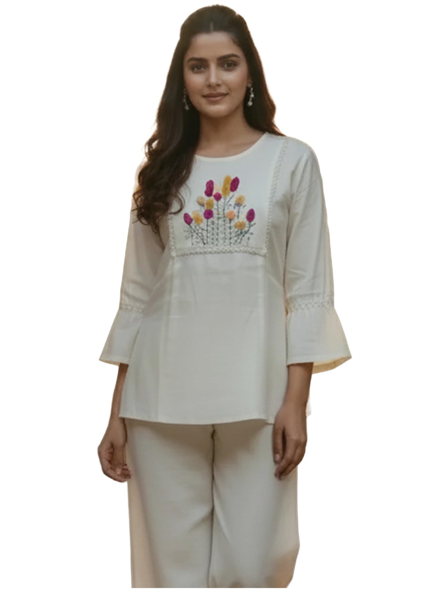 GoSriKi Womenâ€™s Cream Embroidered Top | Floral Bell Sleeve Tunic | Soft Comfortable Casual & Office Wear Kurti-Style Blouse | Elegant Summer Khadi Cotton Top in cream