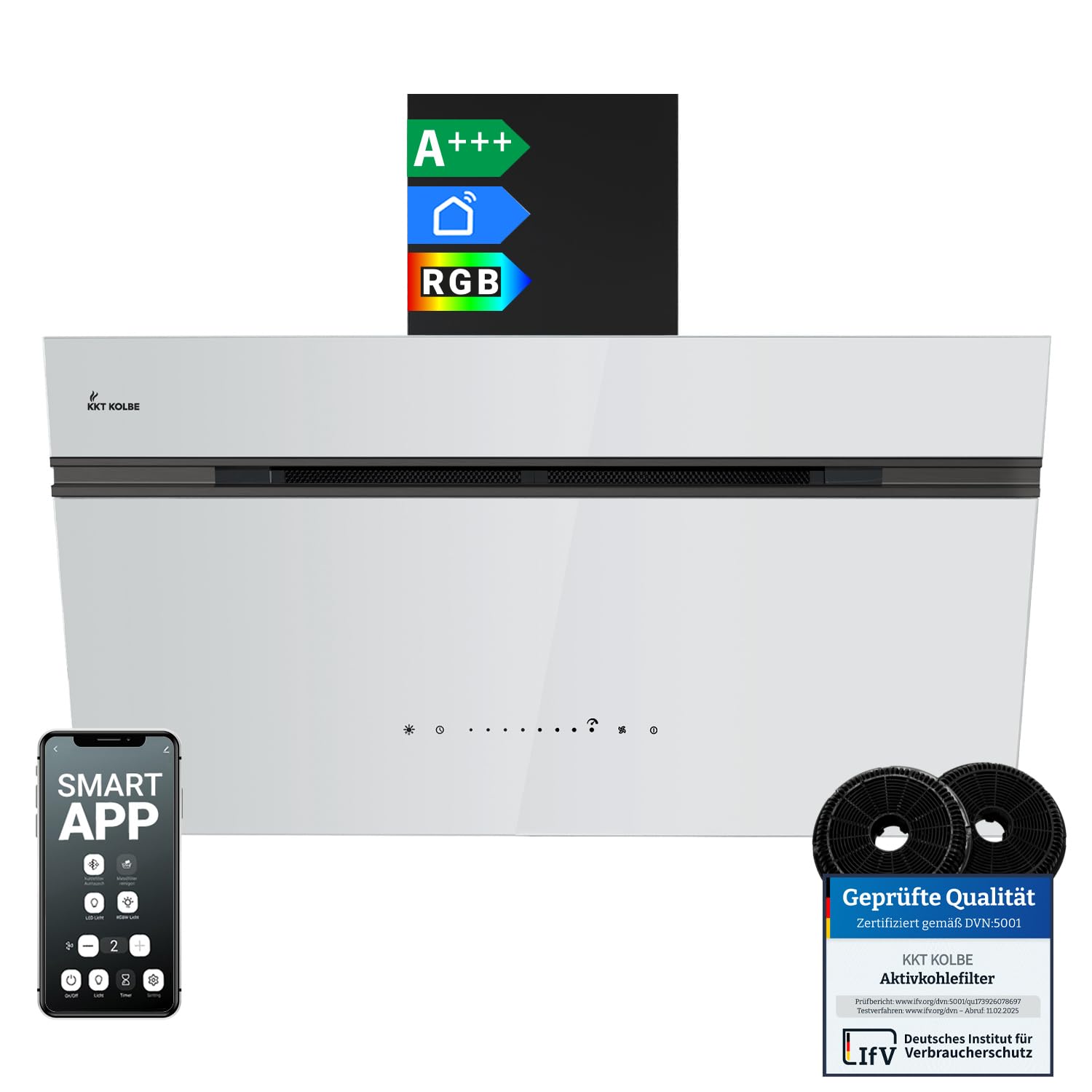 KKT KOLBE A+++ AURORA9005SW - Cappa aspirante 90 cm, 782 cbm/h, senza testa, vetro bianco e nero, funzione di ripresa automatica, Smart WiFi, sensore Touch, illuminazione a LED RGBW