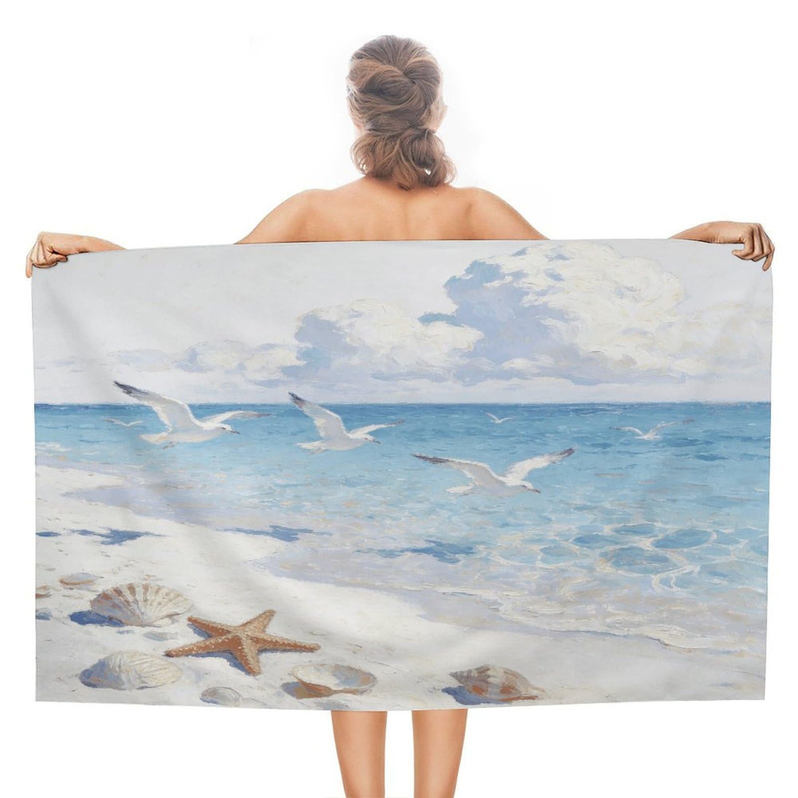 VstaDank Waves, Sands, and Seagulls' Shadows Bath Towel Stylish Double-Faced Pile Travel Towel Soft Absorbent Beach Towel for Pool Swim Sports Camping Adults Gift 51X31 Inch