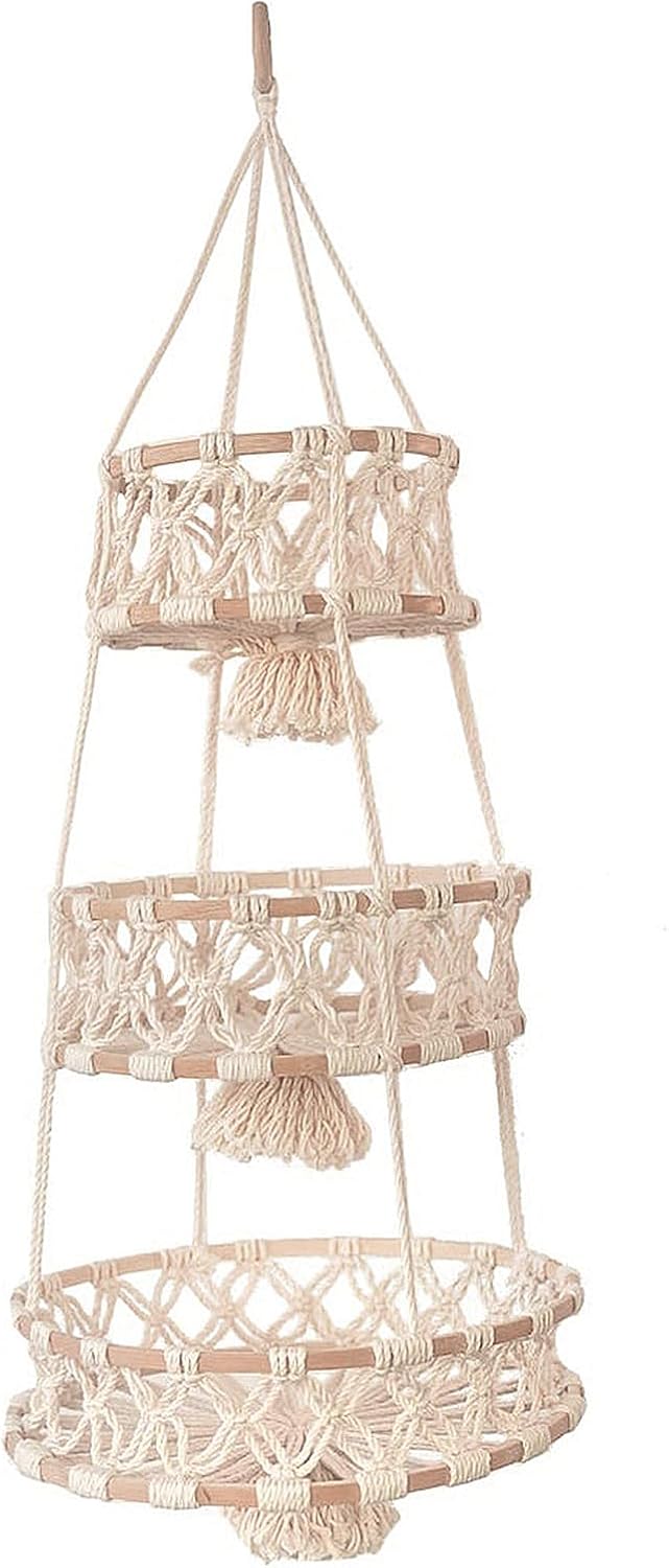 MINGZHE Macrame Fruit Basket Hanging, Fruit Hammock for Kitchen, Wall Hanging Fruit Basket, Hanging Produce Basket, Macrame Hanging Basket Kitchen Decor (third floor)