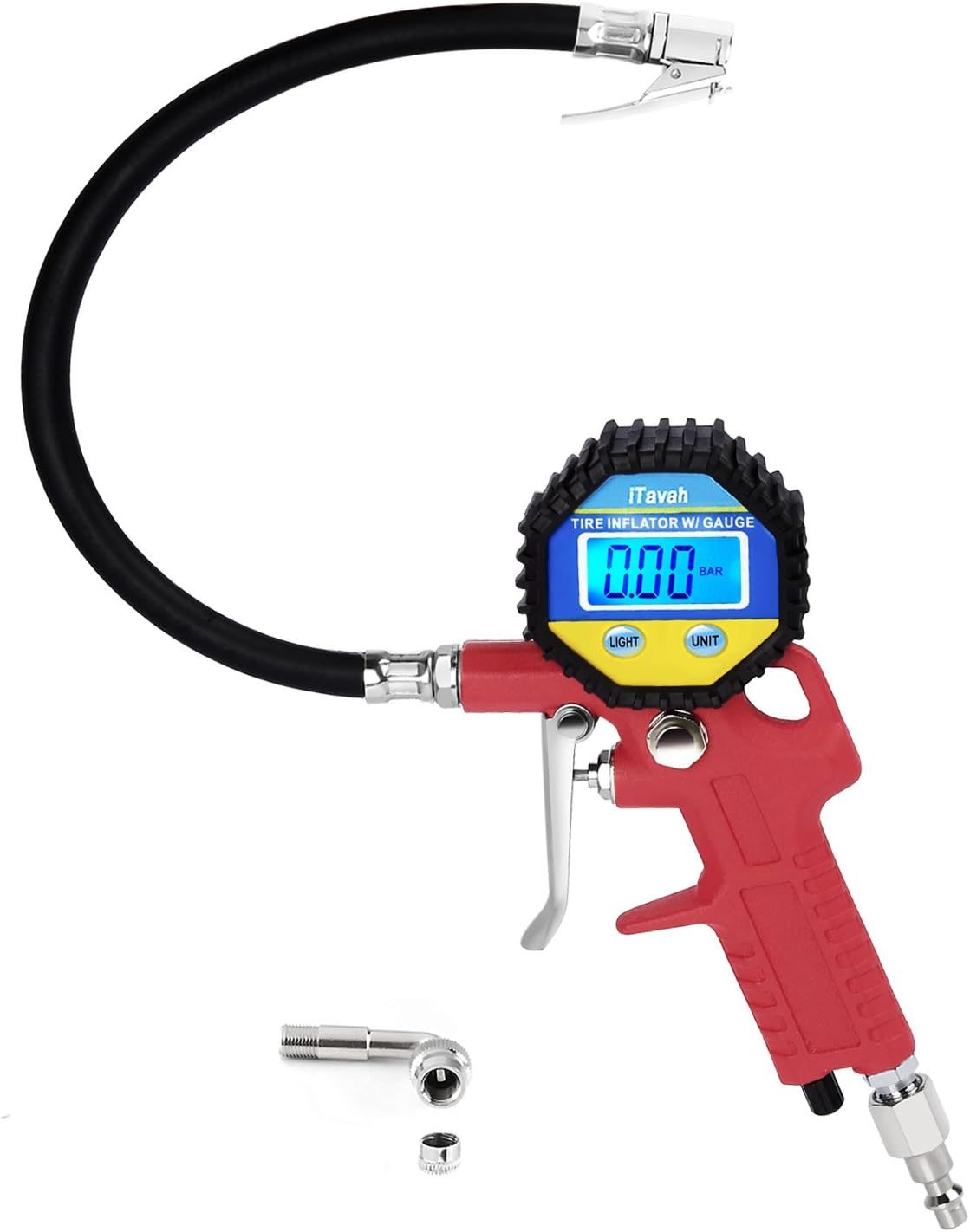 Digital Tire Pressure Gauge, iTavah Integrated Closed, Straight Lock-On Air Chuck, LCD Backlit Screen, Digital Tire Inflator with 90 Degree Valve Extender