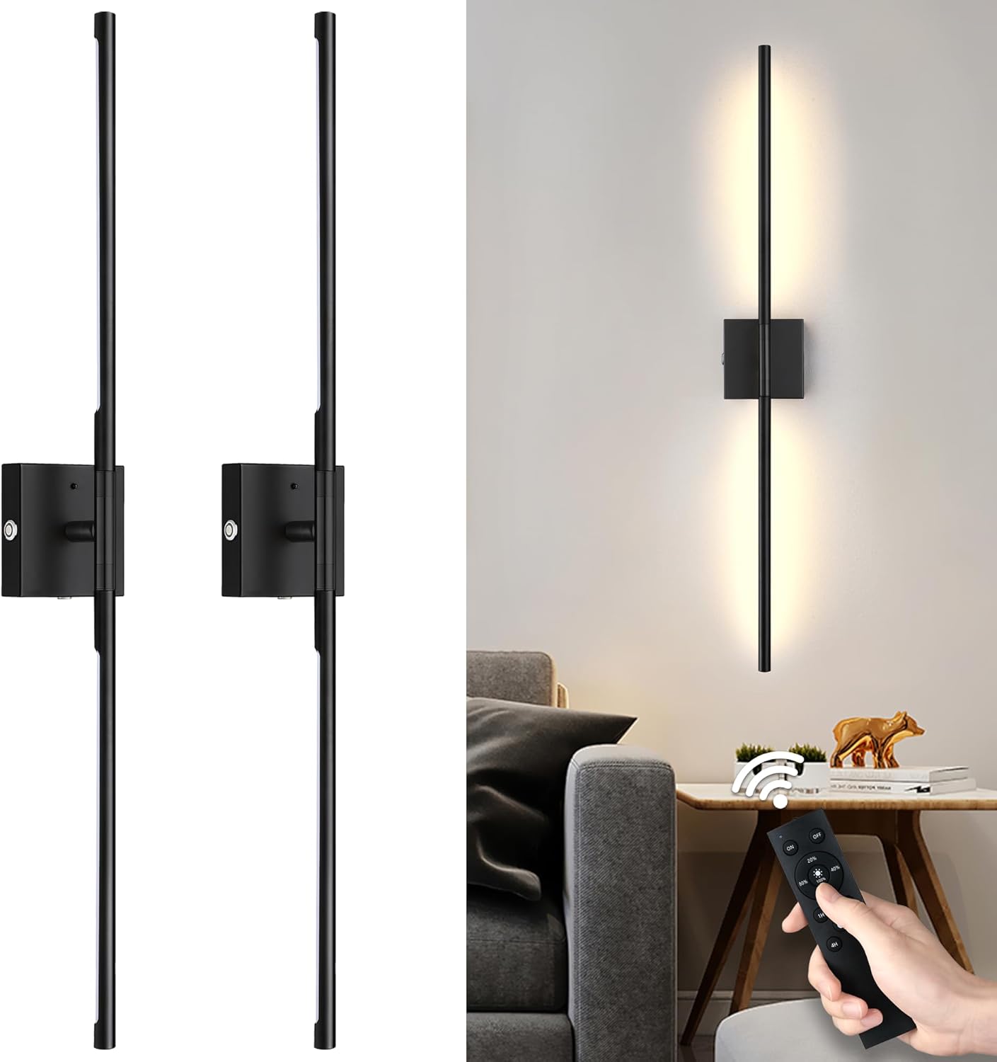 Battery Operated Wall Sconces Set of 2, Dimmable Battery Wall Sconce with Remote Control, Black LED Rechargeable Sconces, 36 Inch Modern Wireless Wall Lights for Bedroom, Living Room,Hallway