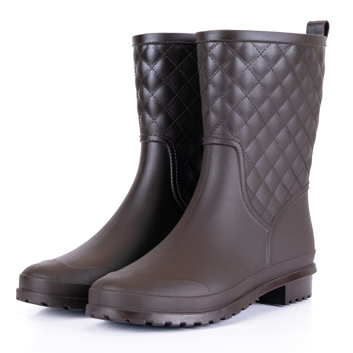 Petrass Women Rain Boots Black Waterproof Mid Calf Lightweight Cute Booties Fashion Out Work Comfortable Garden Shoes